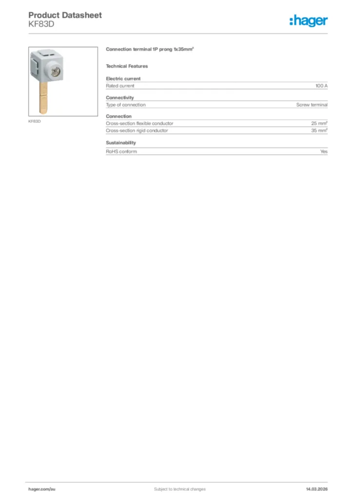 Image Hager Product data sheet KF83D  | Hager Australia