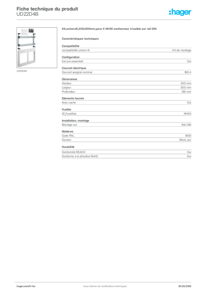 Image Hager Fiche technique du produit UD22D4B | Hager Belgique