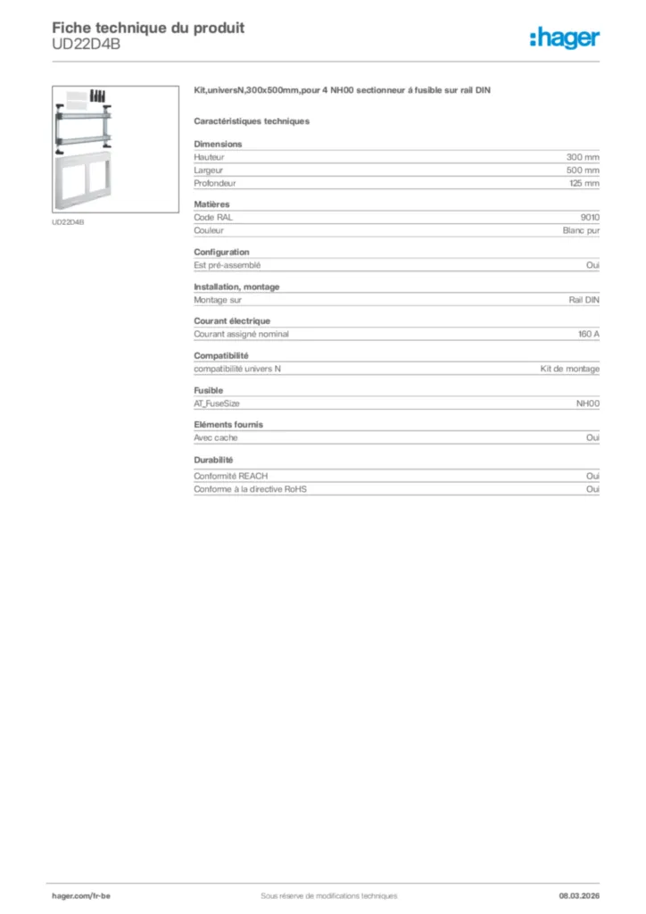 Image Hager Fiche technique du produit UD22D4B | Hager Belgique