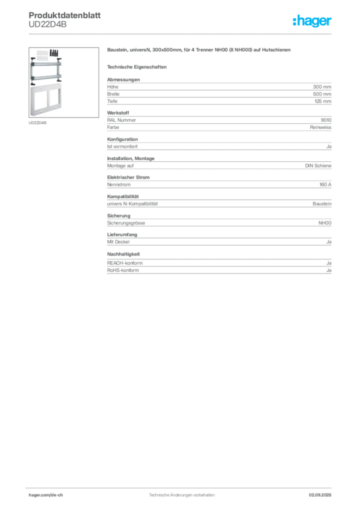 Bild Hager Produktdatenblatt UD22D4B | Hager Schweiz
