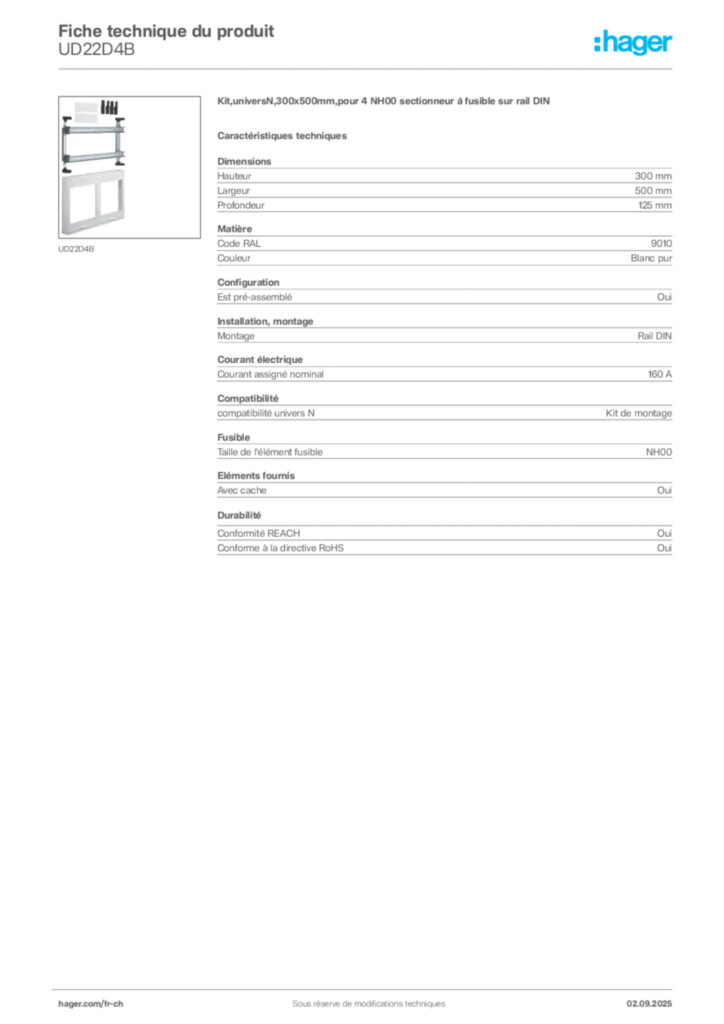 Image Hager Fiche technique du produit UD22D4B | Hager Suisse