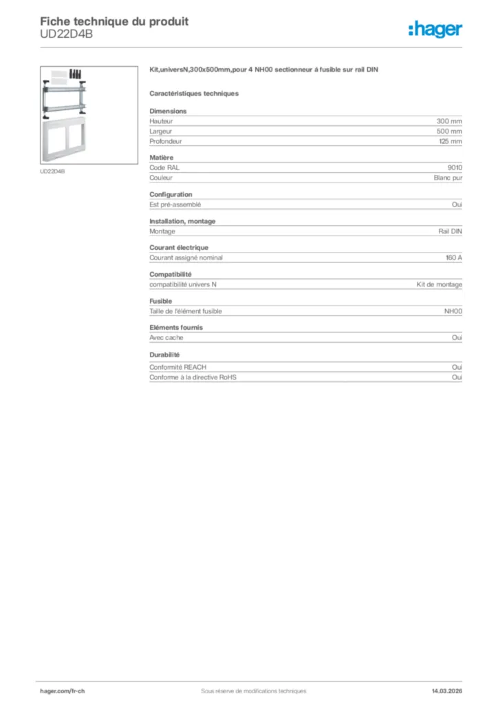 Image Hager Fiche technique du produit UD22D4B | Hager Suisse