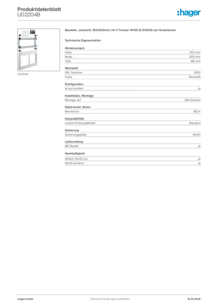 Bild Hager Produktdatenblatt UD22D4B | Hager Deutschland