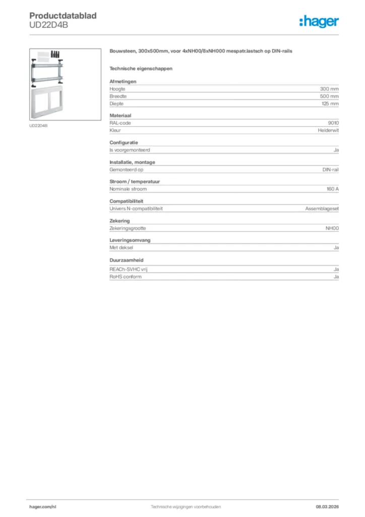 Afbeelding Hager Productdatablad UD22D4B | Hager Nederland