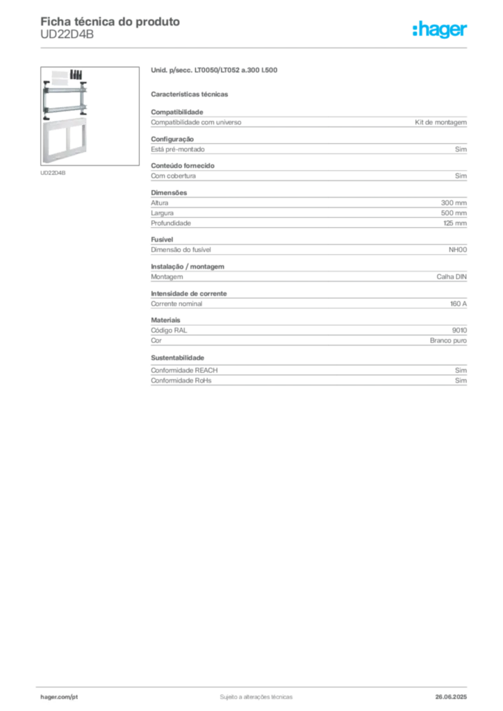 Imagem Hager Ficha técnica do produto UD22D4B | Hager Portugal