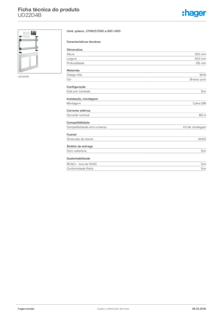 Imagem Hager Ficha técnica do produto UD22D4B | Hager Portugal