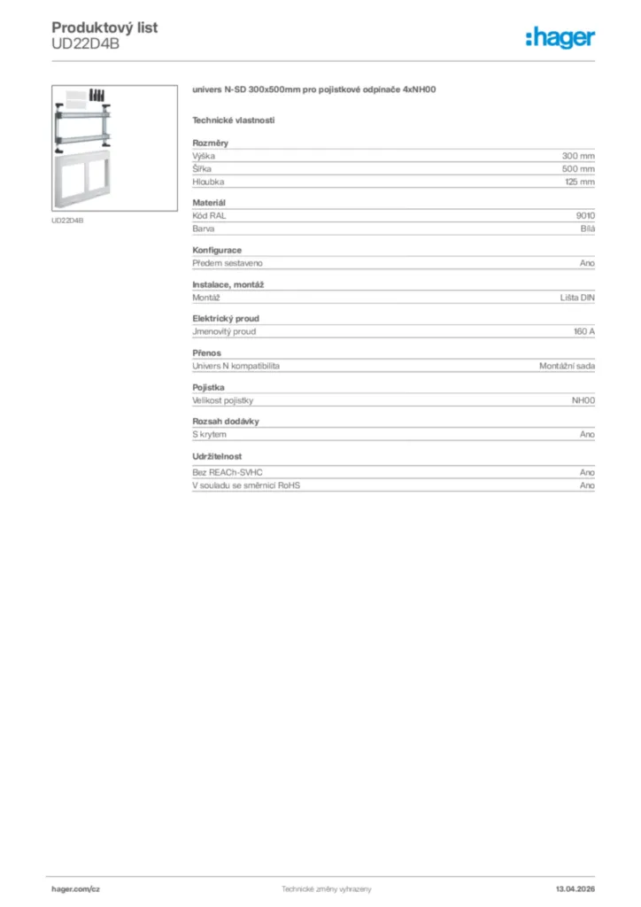 Obrázek Hager Product data sheet UD22D4B | Hager