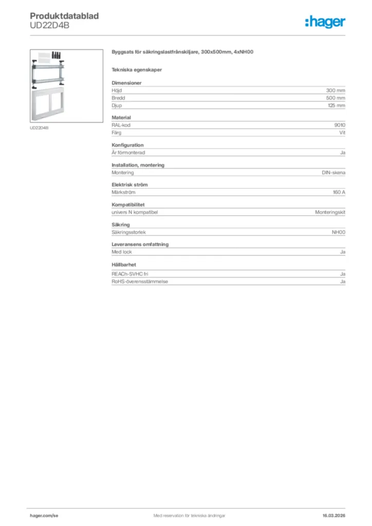 Bild Hager Produktdatablad UD22D4B | Hager Sverige