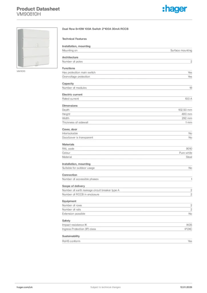 Image Hager Product data sheet VM90810H  | Hager