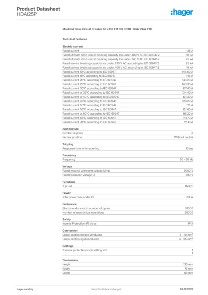 Image Hager Product data sheet HDA125P  | Hager