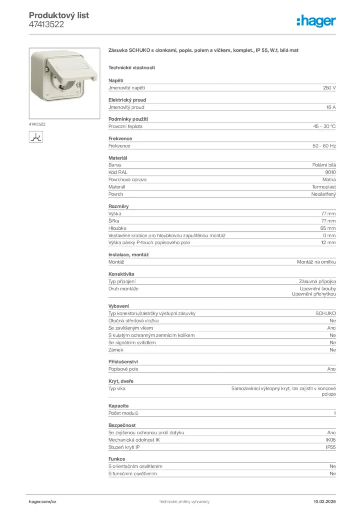 Obrázek Hager Product data sheet 47413522 | Hager
