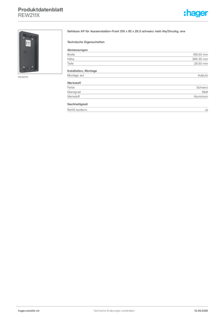 Bild Hager Produktdatenblatt REW211X | Hager Schweiz