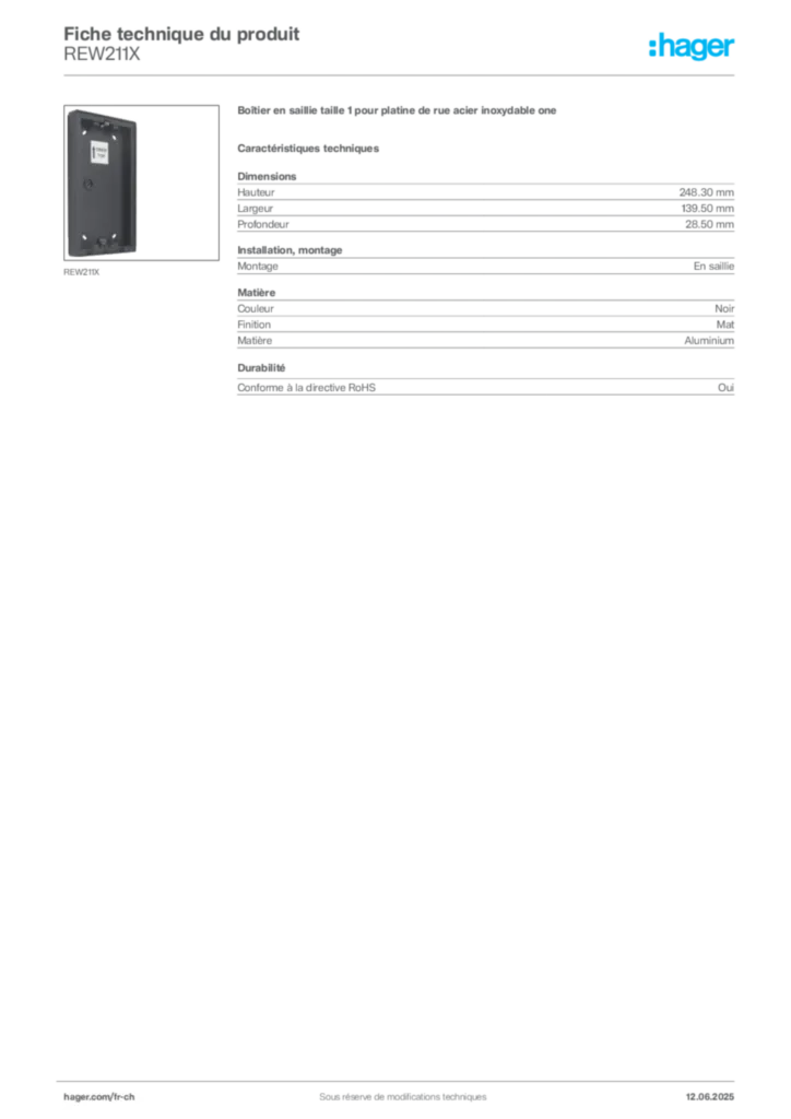 Image Hager Fiche technique du produit REW211X | Hager Suisse