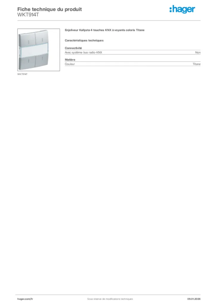 Image Hager Fiche technique du produit WKT914T | Hager France