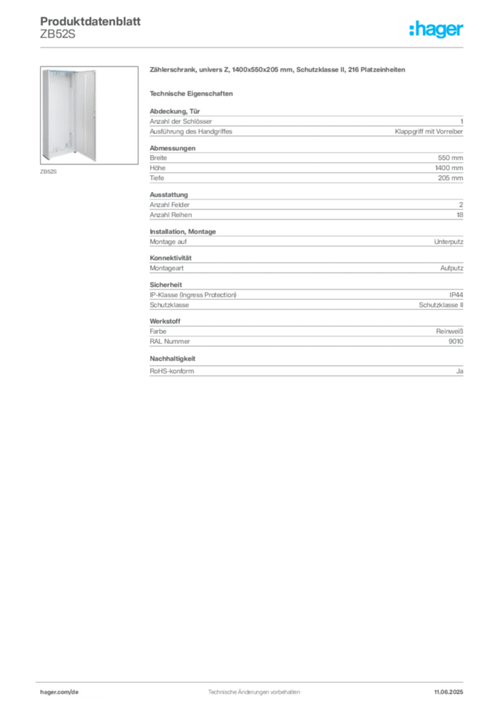 Bild Hager Produktdatenblatt ZB52S | Hager Deutschland