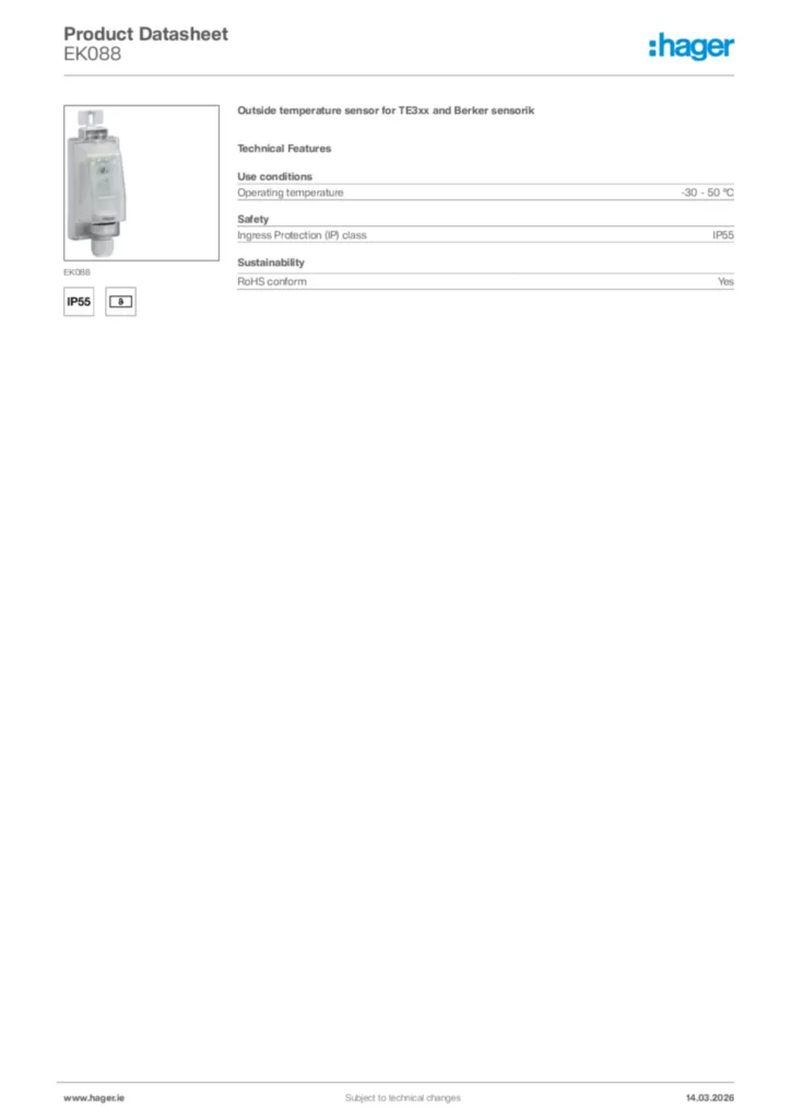 Image Hager Product data sheet EK088  | Hager