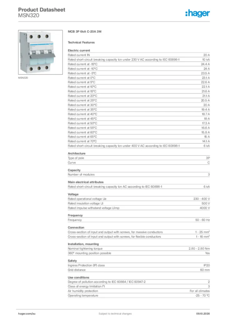 Image Hager Product data sheet MSN320  | Hager Australia