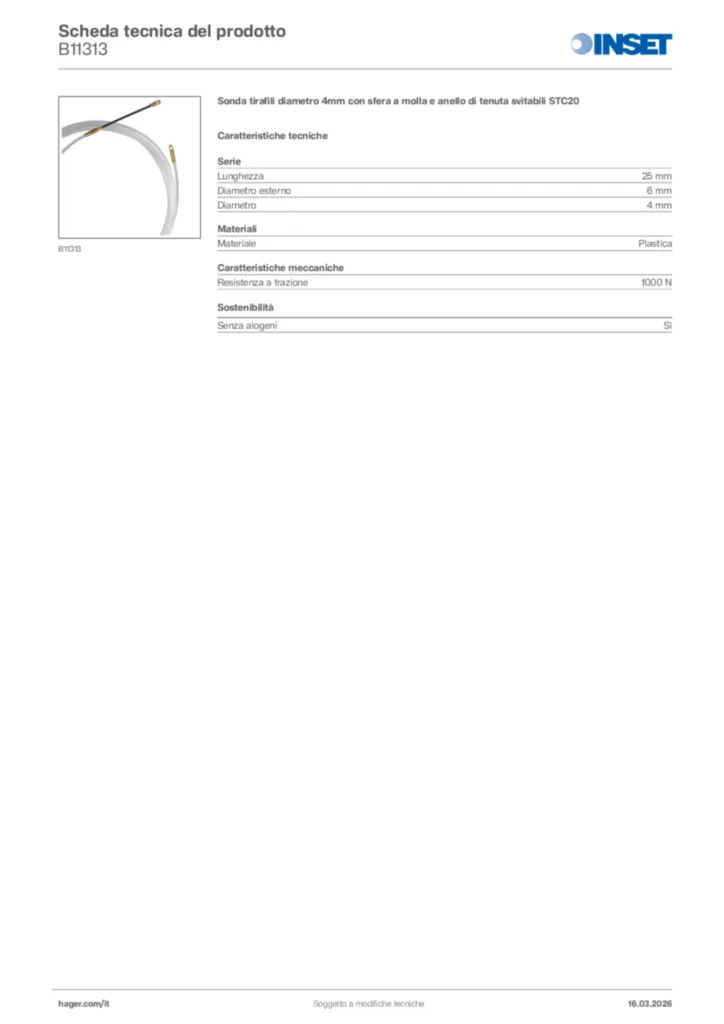 Immagine Inset Scheda tecnica del prodotto B11313 | Hager Italia