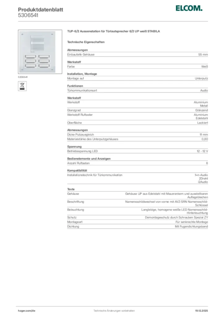 Bild Elcom Produktdatenblatt 5306541 | Hager Deutschland