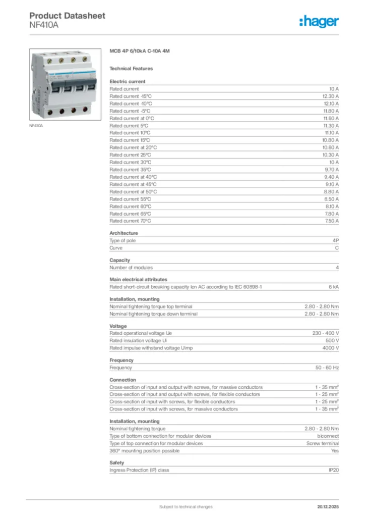 Image Hager Product data sheet NF410A  | Hager Africa
