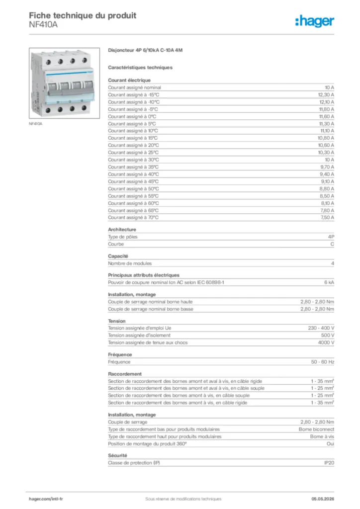 Image Hager Fiche technique du produit NF410A | Hager Afrique