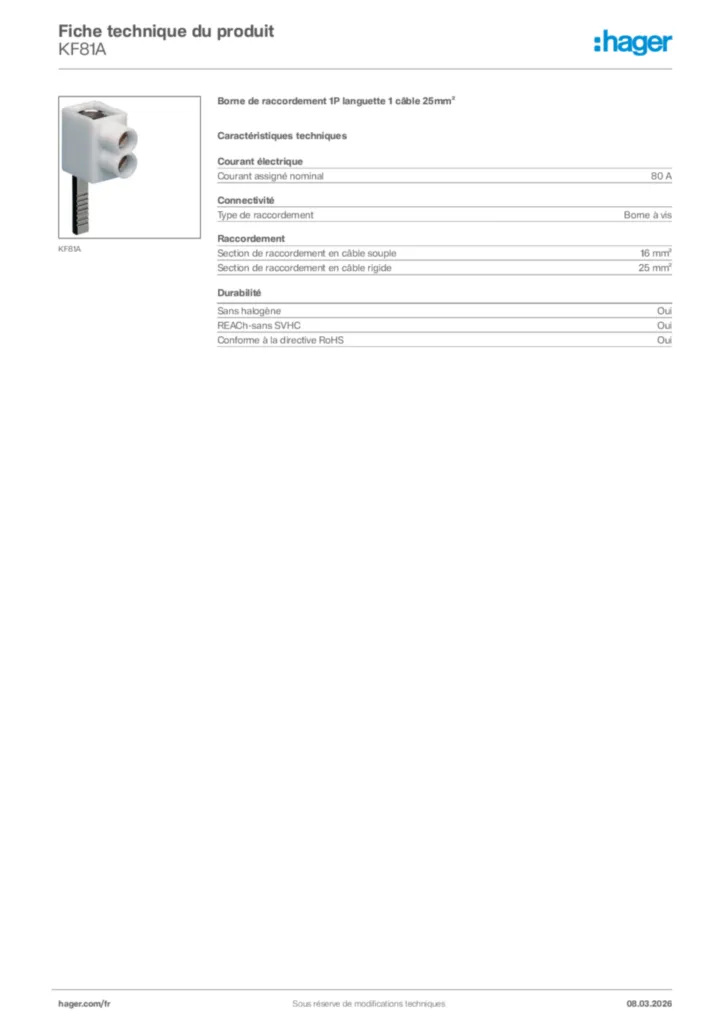 Image Hager Fiche technique du produit KF81A | Hager France