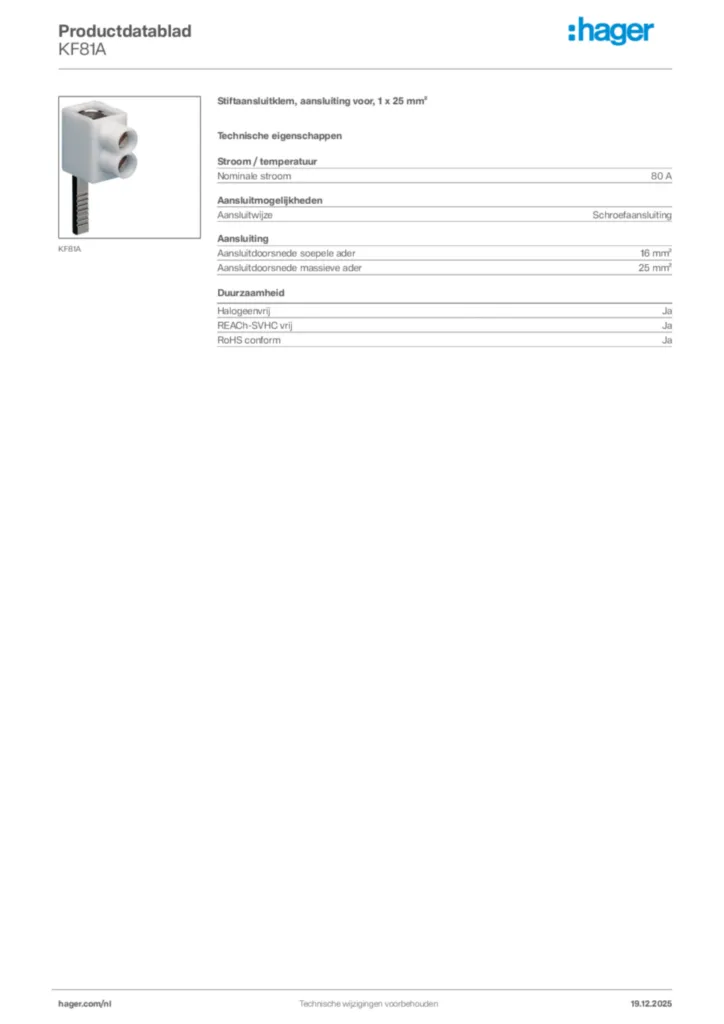 Afbeelding Hager Productdatablad KF81A | Hager Nederland