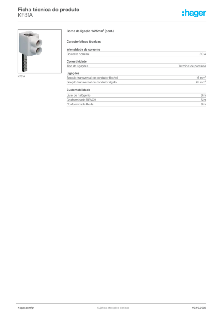 Imagem Hager Ficha técnica do produto KF81A | Hager Portugal