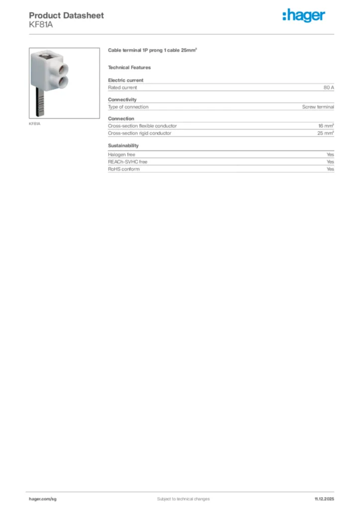 Image Hager Product data sheet KF81A  | Hager