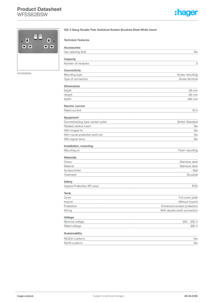 Image Hager Product data sheet WFSS82BSW  | Hager