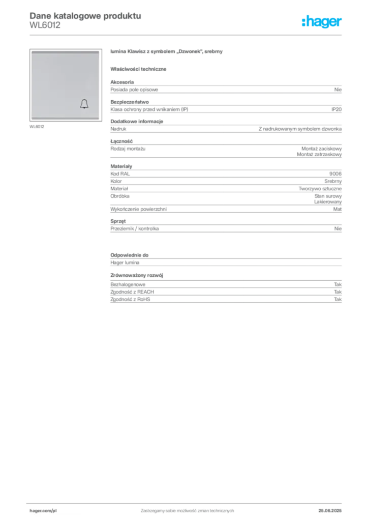 Zdjęcie Hager Karta katalogowa WL6012 | Hager Polska