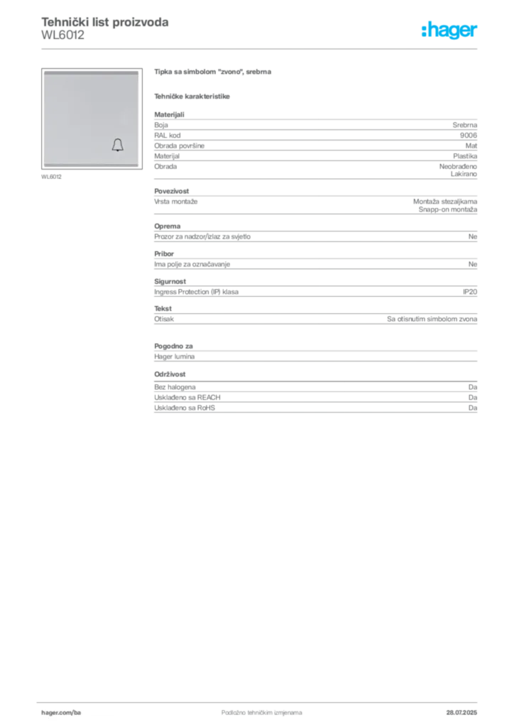 Slika Hager Product data sheet WL6012  | Hager