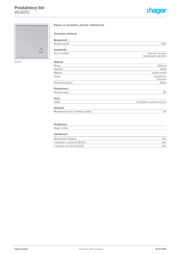 Obrázek Hager Produktový list WL6012 | Hager