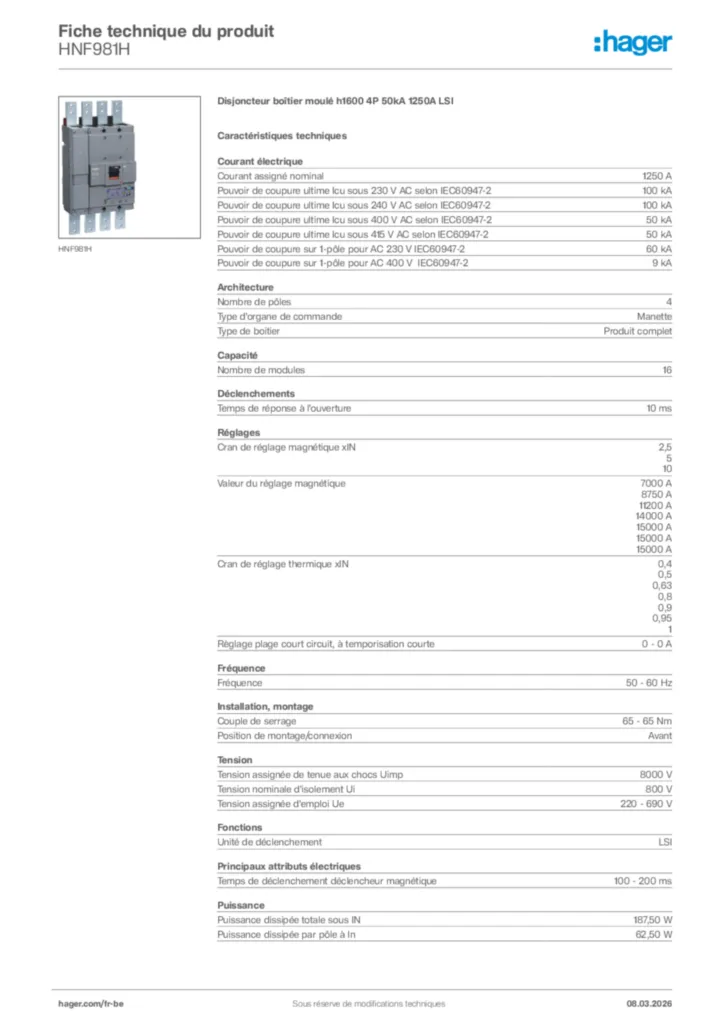 Image Hager Fiche technique du produit HNF981H | Hager Belgique