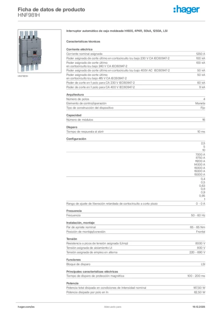 Imagen Hager Ficha de datos de producto HNF981H | Hager España