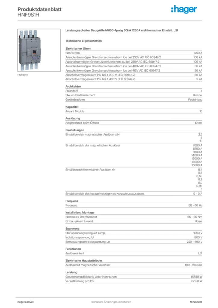 Bild Hager Produktdatenblatt HNF981H | Hager Deutschland