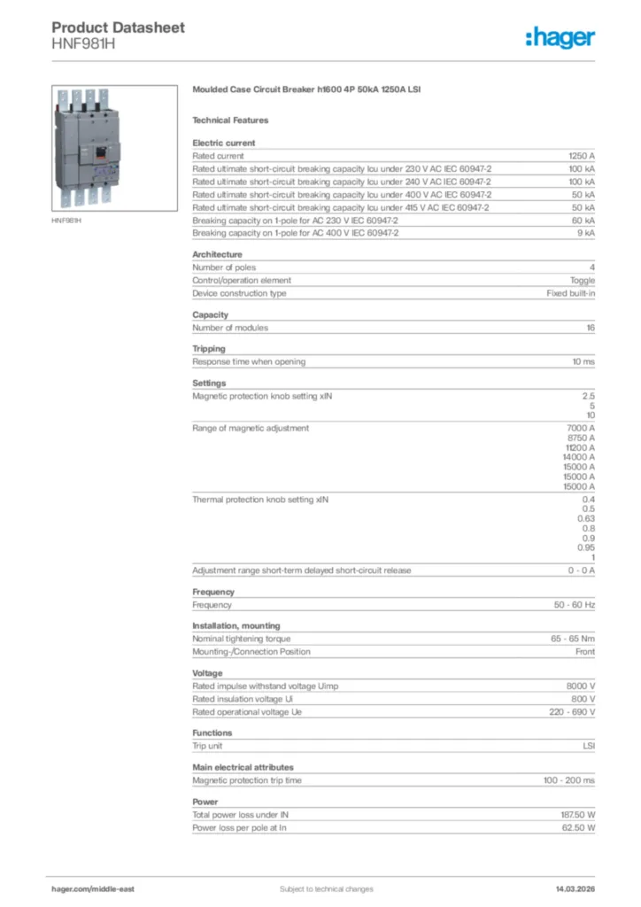Image Hager Product data sheet HNF981H  | Hager