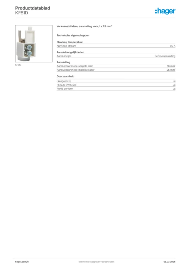 Afbeelding Hager Productdatablad KF81D | Hager Nederland