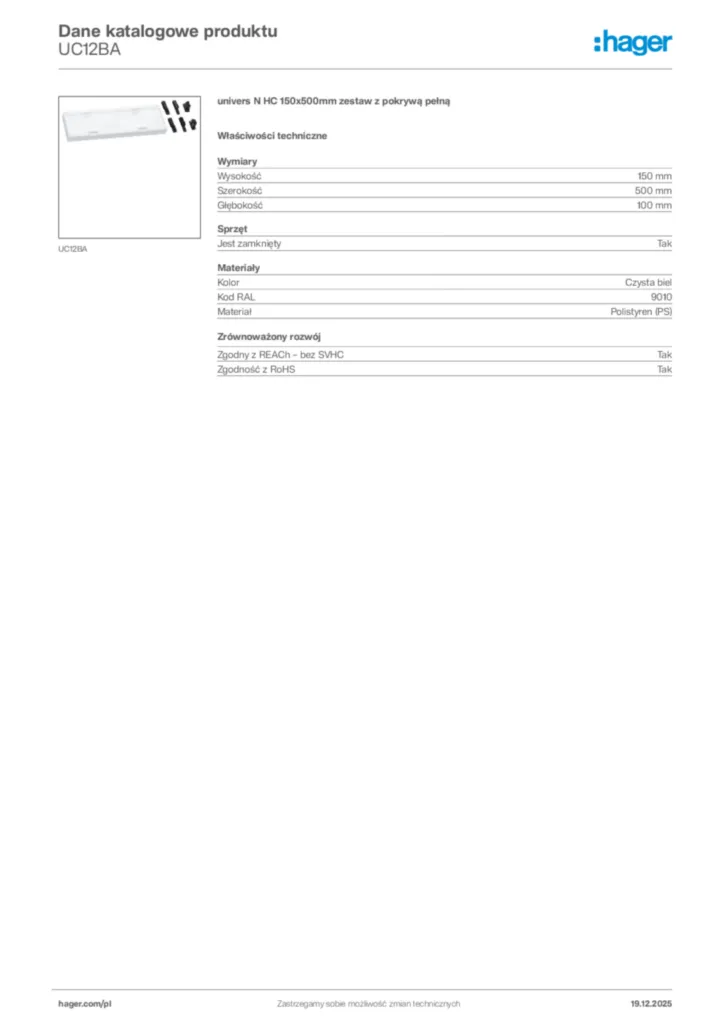 Zdjęcie Hager Karta katalogowa UC12BA | Hager Polska