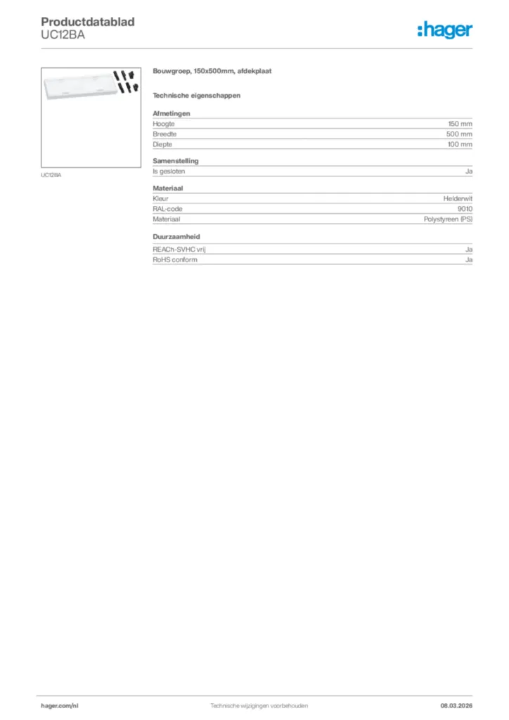 Afbeelding Hager Productdatablad UC12BA | Hager Nederland