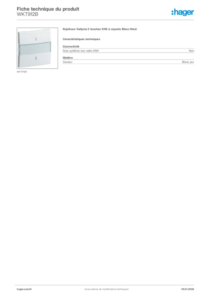 Image Hager Fiche technique du produit WKT912B | Hager France