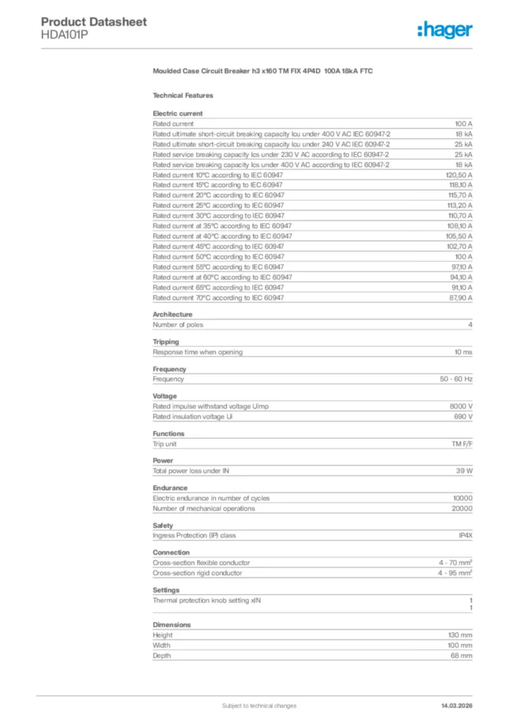 Image Hager Product data sheet HDA101P  | Hager