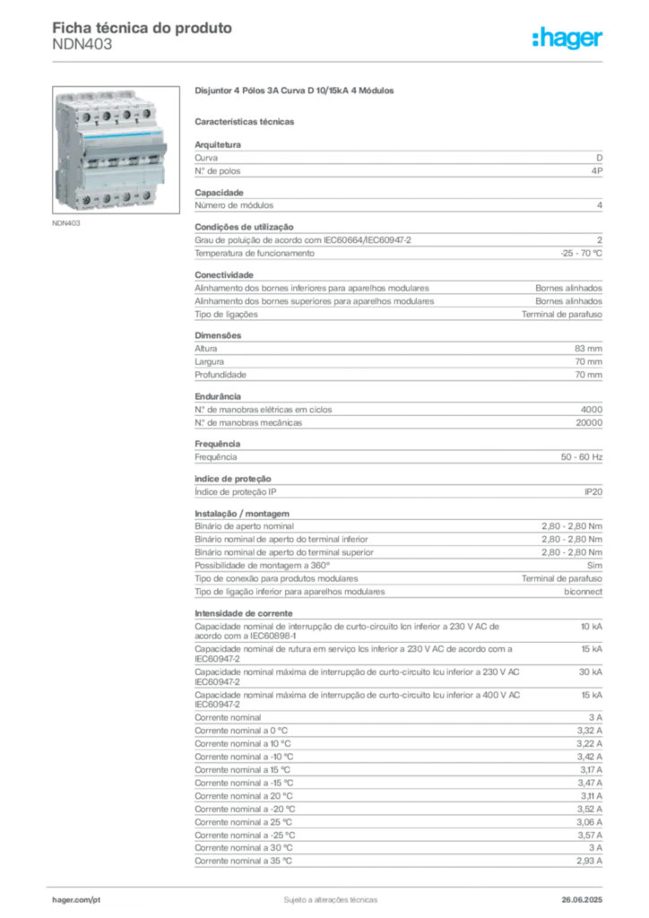 Imagem Hager Ficha técnica do produto NDN403 | Hager Portugal