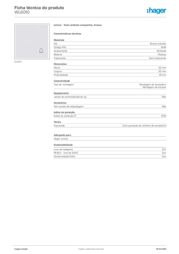 Imagem Hager Ficha técnica do produto WL6010 | Hager Portugal