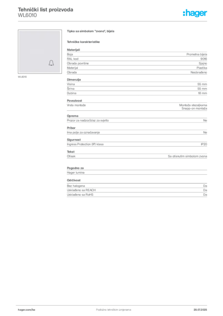 Slika Hager Product data sheet WL6010  | Hager