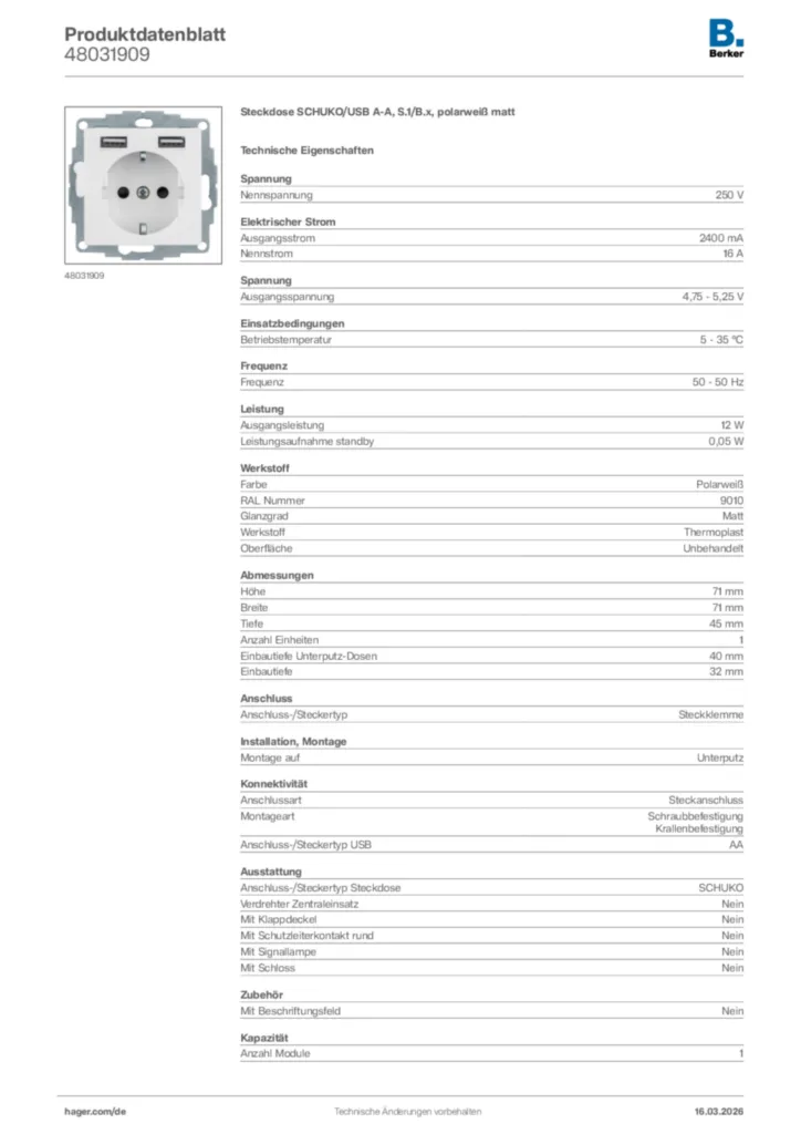 Bild Berker Produktdatenblatt 48031909 | Hager Deutschland