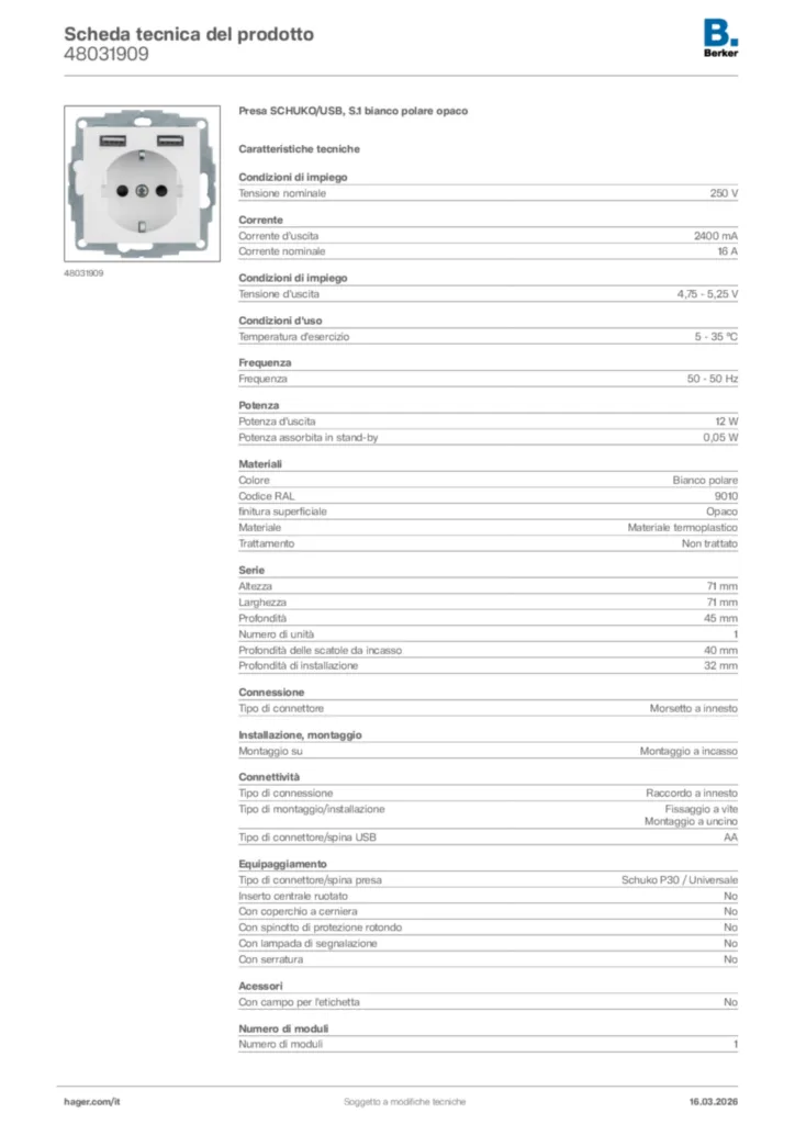 Immagine Berker Scheda tecnica del prodotto 48031909 | Hager Italia