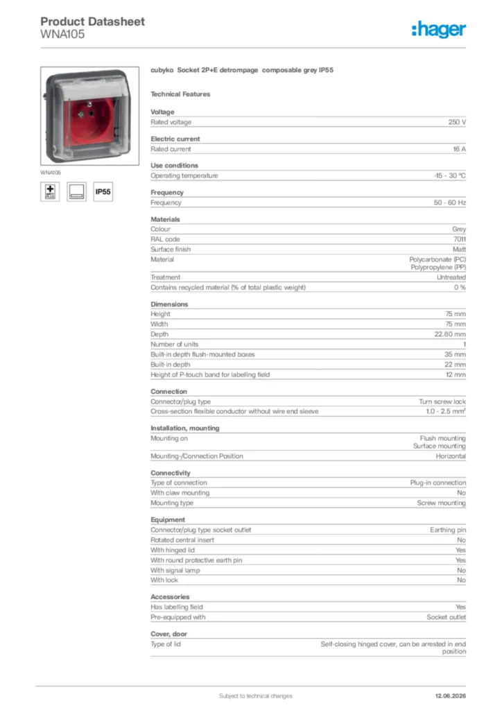 Image Hager Product data sheet WNA105  | Hager Africa