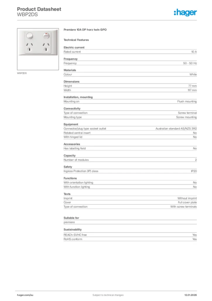 Image Hager Product data sheet WBP2DS  | Hager Australia