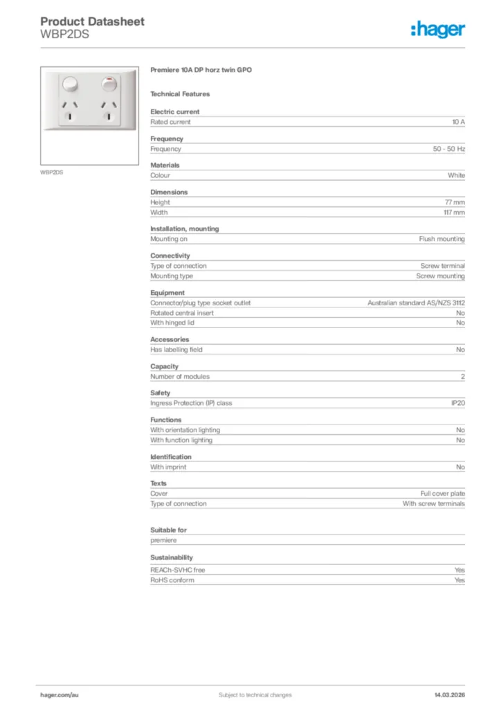 Image Hager Product data sheet WBP2DS  | Hager Australia